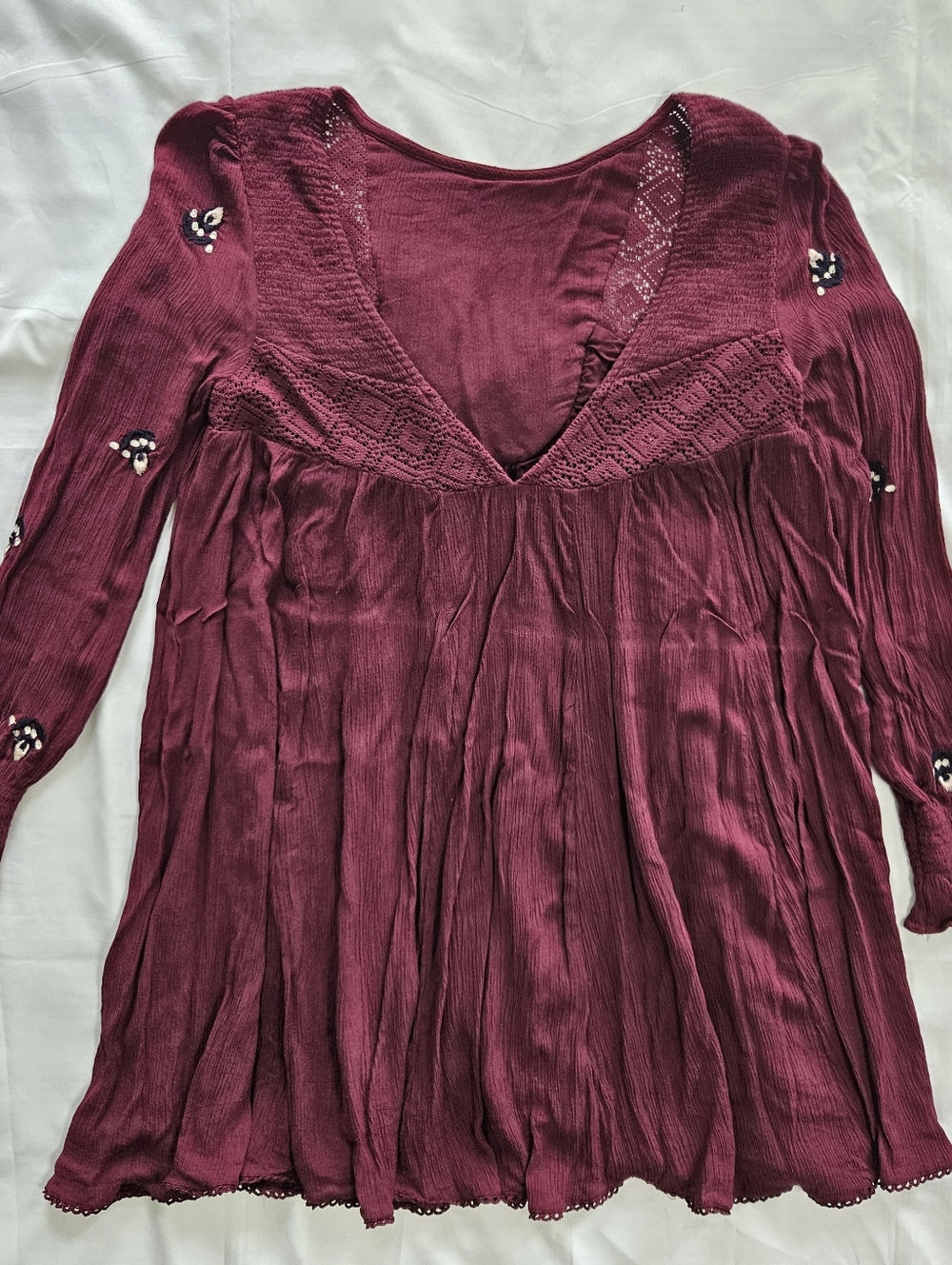 Free People Womens S Plum Burgundy Floral Embroidered V Back Babydoll Dress - Picture 11 of 12